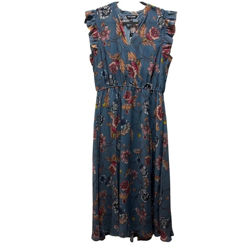 Steve Madden Allegra Floral Midi Dress Size M Cadet Blue